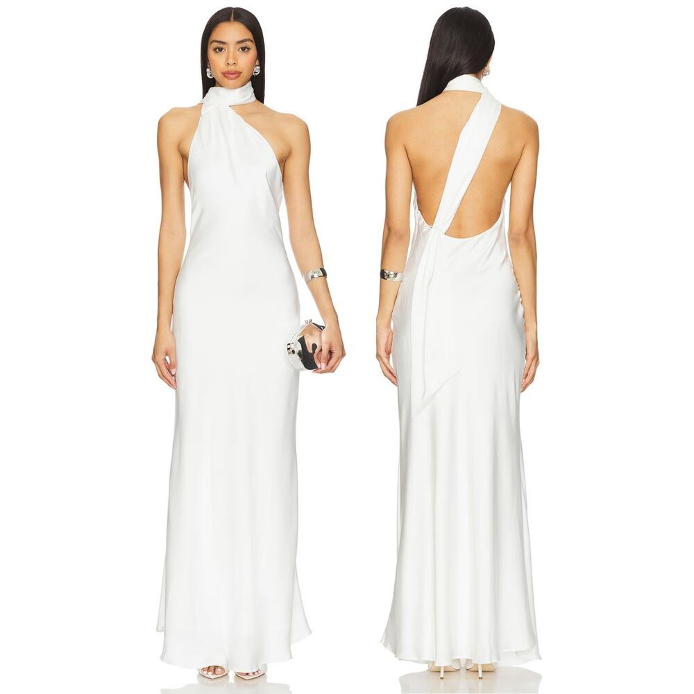 MISHA Alastair Satin Gown Maxi Halter Neck Scarf Formal Party Bridal Old Money S